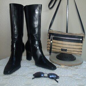 FRANCO SARTO Black Smooth Leather Zip Up Square Toe Heeled Boots 8.5 M